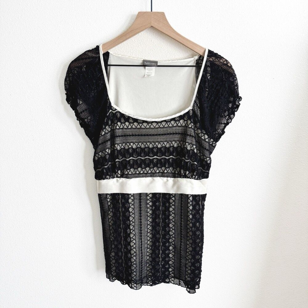 Vtg 90s Babydoll Top Womens 3X Black Lace Satin Empire Waist‎ Retro Feminine USA